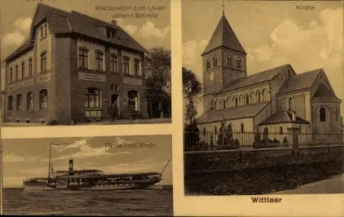 Ak Wittlaer Düsseldorf am Rhein, Restauration zum Löken, Kirche, Rheinpartie