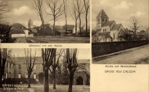 Ak Kalkum Düsseldorf am Rhein, Oberdorf, alte Mühle, Kirche mit Vereinshaus, Schloss, Park