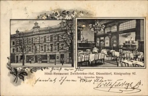 Ak Düsseldorf am Rhein,. Hotel Restaurant Zweibrücker Hof, Königsallee 92, Amandus Simon