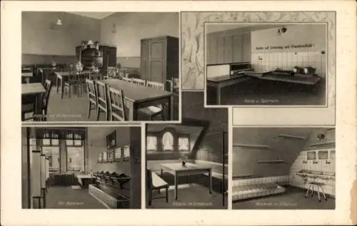 Ak Düsseldorf am Rhein, Jugendherberge, Brehmstraße 13, Küche, Baderaum, Innenansichten