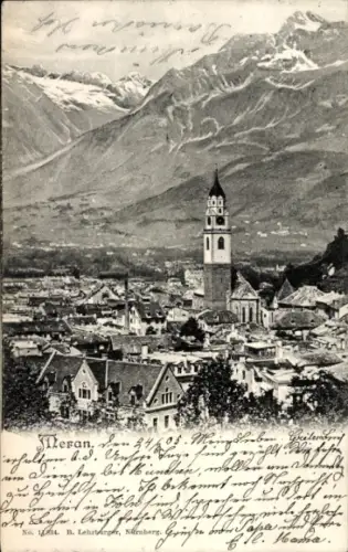 Ak Meran Merano Südtirol, Berglandschaft, Stadtansicht, Kirchturm, 