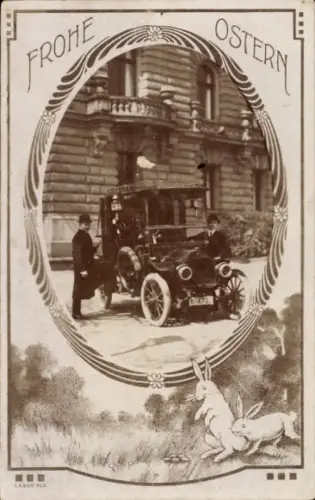 Passepartout Foto Ak Glückwunsch Ostern, Männer mit Automobil, Osterhasen