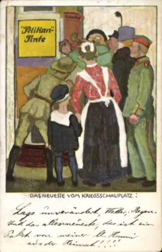 Künstler Ak Das Neueste von Kriegsschauplatz, Reklame, Pelikan Tinte, Fa. Günther Wagner Hannover