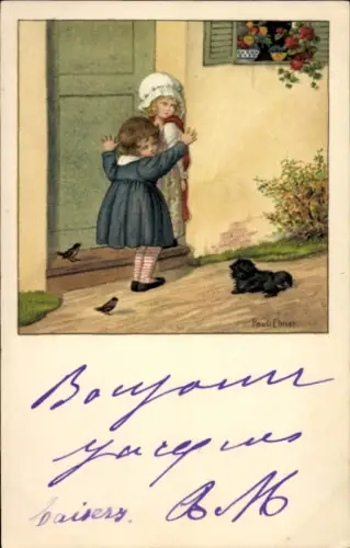Künstler Litho Ebner, Pauli, Zwei Kinder erschrecken sich vor Schoßhund