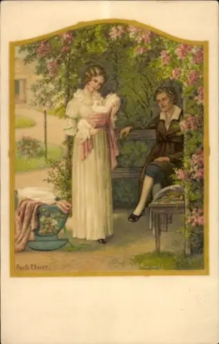 Künstler Ak Ebner, P., Paar, Baby, Garten