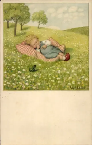 Künstler Ak Ebner, P., Schlafendes Kind, Blumenwiese, Frosch