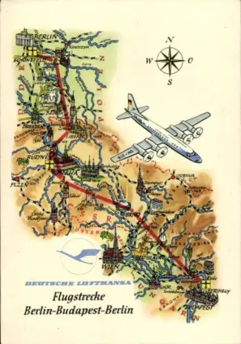 Landkarten Ak Lufthansa, Flugstrecke Berlin Budapest