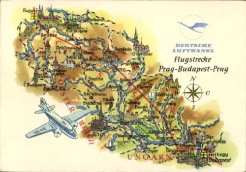 Landkarten Künstler Ak Hoppe, Deutsche Lufthansa, Flugstrecke Prag Budapest Prag