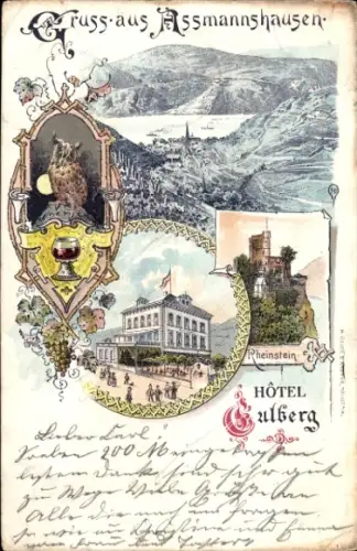 Litho Assmannshausen Rüdesheim am Rhein, Panorama, Rheinstein, Hotel Eulberg