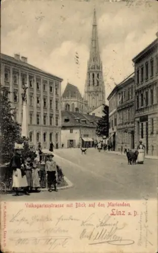 Ak Linz an der Donau Oberösterreich, Volksgartenstrasse mit Blick auf den Mariendom