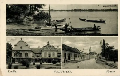 Ak Nagytétény Budapest Ungarn, Boote am Ufer, Schloss, Straßenansicht