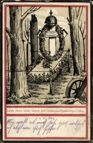 Ak Goyencourt Somme, Grab eines gefallenen Soldaten, Kranz, Bäume, Datum 5.10.1914
