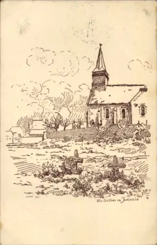 Künstler Ak Solente CPA 60, Kirche mit 87er Gräbern