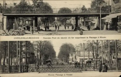 Ak Montcy Saint Pierre Charleville-Mézières Ardennes,  neuer Eisenbahnbrücke, alter Bahnübergang