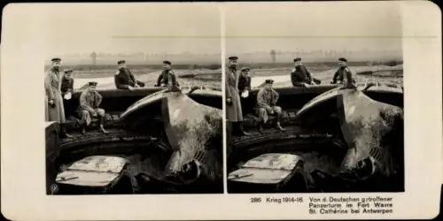 Stereo Foto Von den Deutschen getroffener Panzerturm im Fort Wavre St. Catherine bei Antwerpen, I WK