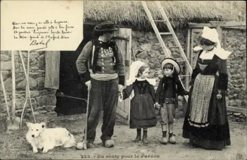 Ak Madame et Monsieur Botrel, Kinder, Familienbild, En route pour le Pardon