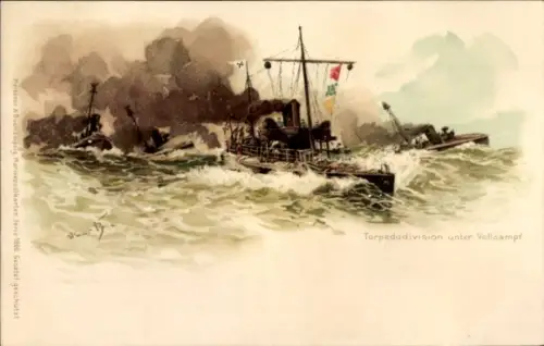 Künstler Litho Bohrdt, Hans, Deutsche Kriegsschiffe, Torpedodivision unter Volldampf