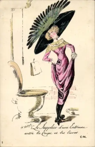 Künstler Ak Frau in der Toilette, Kleid, Federhut