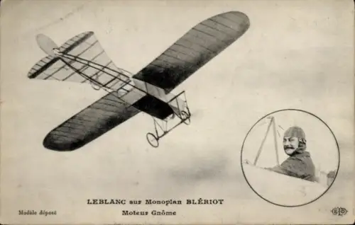 Ak Leblanc im Blériot-Eindecker, Gnôme-Motor, Flugzeug, Pilot, Flugpionier