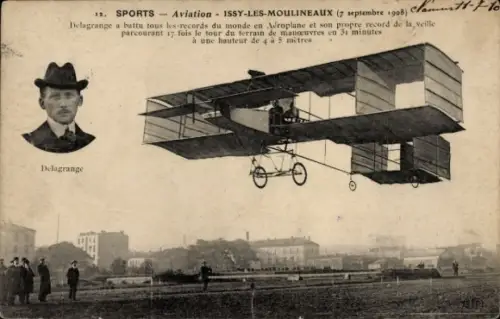 Ak Issy les Moulineaux Hauts de Seine, Flugzeug, Delagrange, 7. Sept. 1908