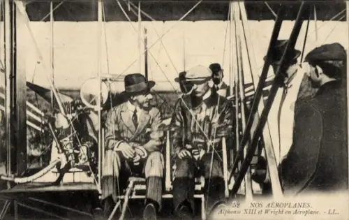 Ak Flugpionier Wright mit König Alfonso XIII. von Spanien in einem Flugzeug