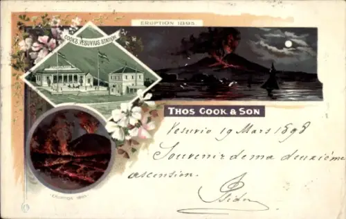 Mondschein Litho Napoli Neapel Campania, Vulkanausbruch 1895, Thos Cook & Son, Reklame