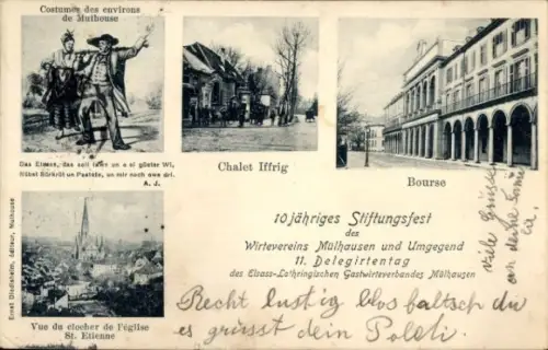 Ak Mulhouse Mülhausen Elsass Haut Rhin, Chalet Iffrig, Börse, Trachten, Blick v. Kirche St. Etienne