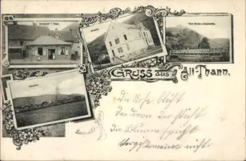 Ak Alt-Thann Elsass Haut Rhin, Panorama, Teilansichten, Wirtschaft, Neue Brücke, Drachenfels