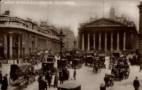 Ak City of Westminster London England, Bank of England, Royal Exchange, viele Pferdekutschen, Men