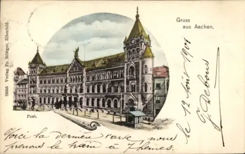 Ak Aachen,  aus  Gebäude im Vordergrund, Text in Französisch