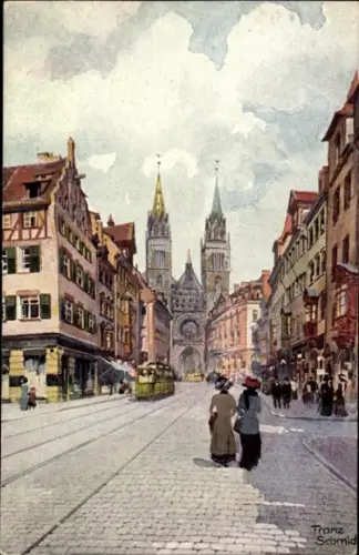 Ak Nürnberg, Karolinenstraße, Lorenzkirche,  Gebäude, Straßenbahn, Menschen