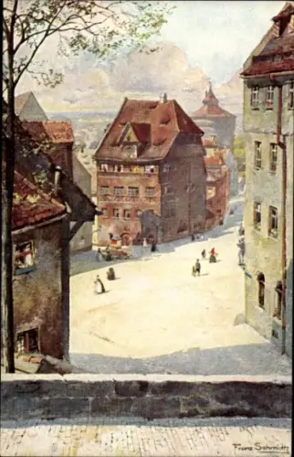 Ak Nürnberg, Gemälde von Franz Schmidt, Stadtansicht, Albrecht Dürerhaus, Menschen auf der Straße