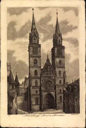Ak Nürnberg, Stadtansicht, Nürnberger Lorenzkirche, zwei Türme,  Darstellung