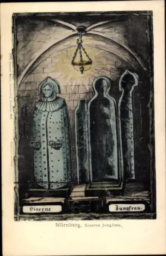Ak Nürnberg, Eiserne Jungfrau,  zwei Figuren,  Darstellung
