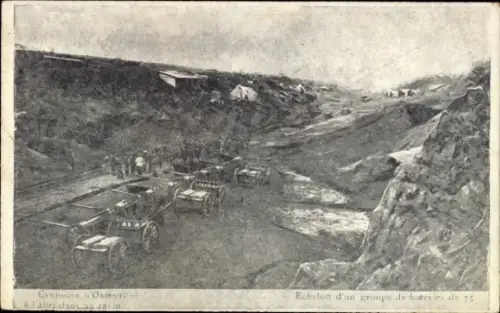 CPA Campagne d'Orient, Echelon d'un groupe de batteries de 75