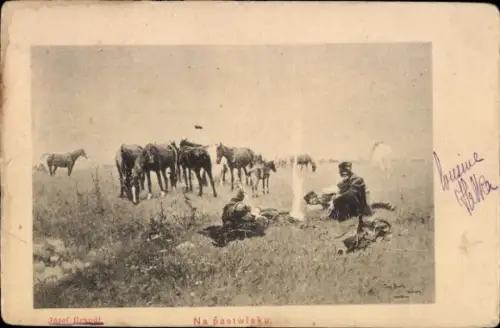 Künstler Ak Brandt, Jozef, Auf der Weide, grasende Pferde