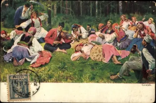 Künstler Ak Wodzinowski, W., Grajek, Der Geiger, Männer und Frauen in Volkstrachten