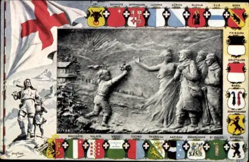 Wappen Ak Pflege-Aufenthalt der kranken französischen Kriegsgefangenen in der Schweiz