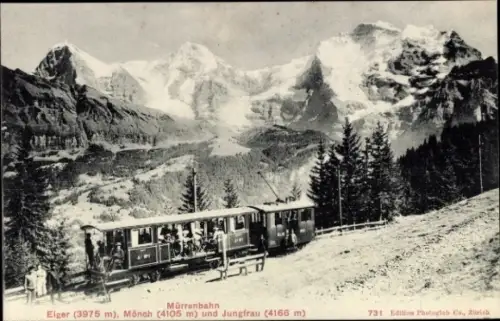 Ak Mürrenbahn, Eiger, Mönch und Jungfrau, Bergbahn, Passagiere