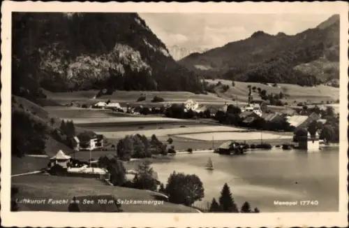 Ak Fuschl am See in Salzburg, Landschaft mit See, Berge, Häuser, Segelboot, nmotiv