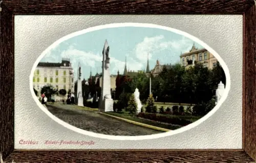 Ak Cottbus in der Niederlausitz,  Kaiser Friedrich-Straße, Parklandschaft, Statuen