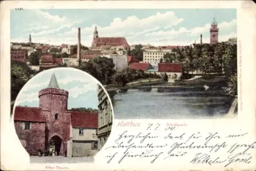 Ak Cottbus Brandenburg, Alter Turm, Flusspartie, Turmuhr