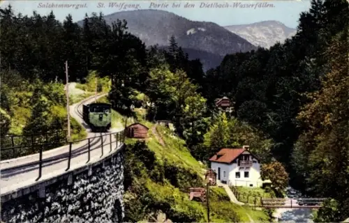 Ak St. Wolfgang im Salzkammergut Oberösterreich, Salzkammergut,  Dietlbach-Wasserfälle, Zug