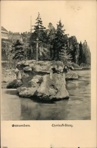 Ak Gmunden am Traunsee Salzkammergut Oberösterreich, Felsen im Wasser, Chorinski-Kreuz, Bäume im 