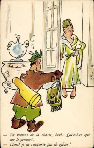 Künstler Ak Ehepaar, Mann kehrt ohne Jagdbeute zurück, Humor