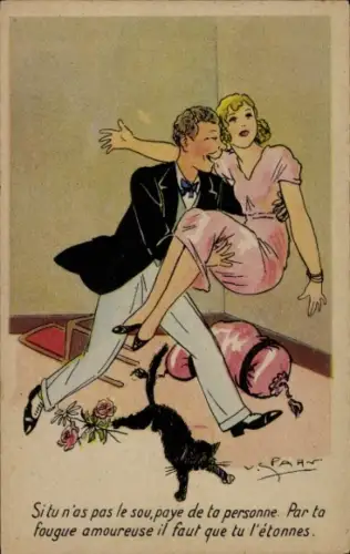 Künstler Ak Spahn, Liebespaar, mittelloser Mann, schwarze Katze