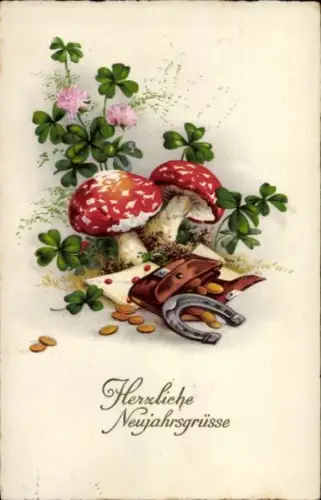 Litho Glückwunsch Neujahr, Kleeblatt, Geldbörse, Hufeisen