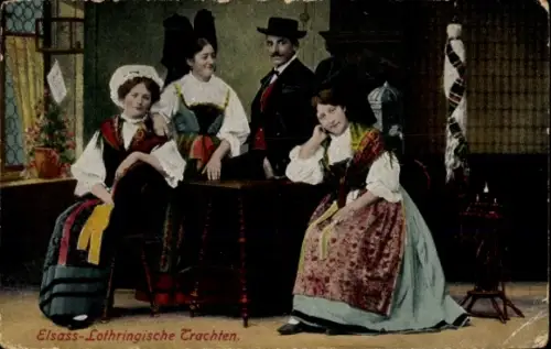 Ak Elsass Lothringische Trachten, Mann, Frauen, Spinnrad