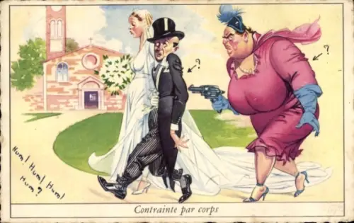 Ak Contrainte par corps, dicke Frau zwingt Mann zur Hochzeit, Revolver