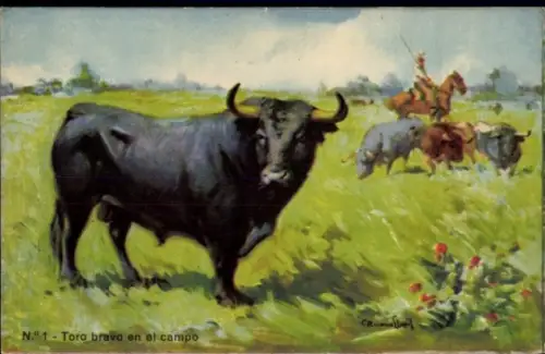 Künstler Ak Ruano Llopis, Carlos, Toro bravo en el campo, Stier auf der Weide
